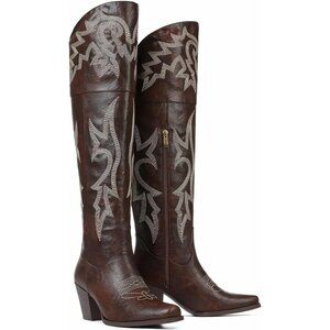 Women Brown Pu Polyurethane Thigh High Embroidered Pointed Toe Chunky Heels Boot